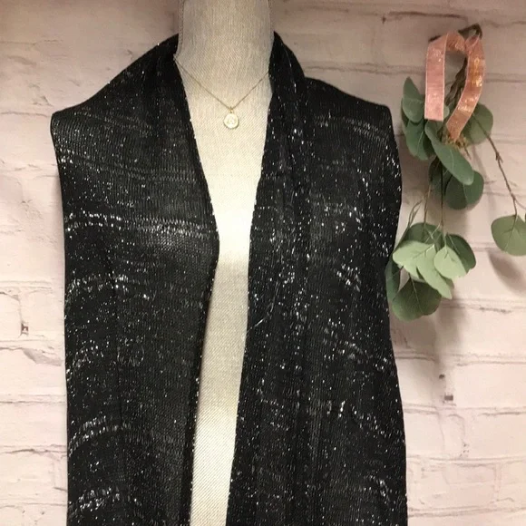 Black & Silver ruffle knit long duster shawl / holiday scarf dressy 96 inches - Picture 2 of 8